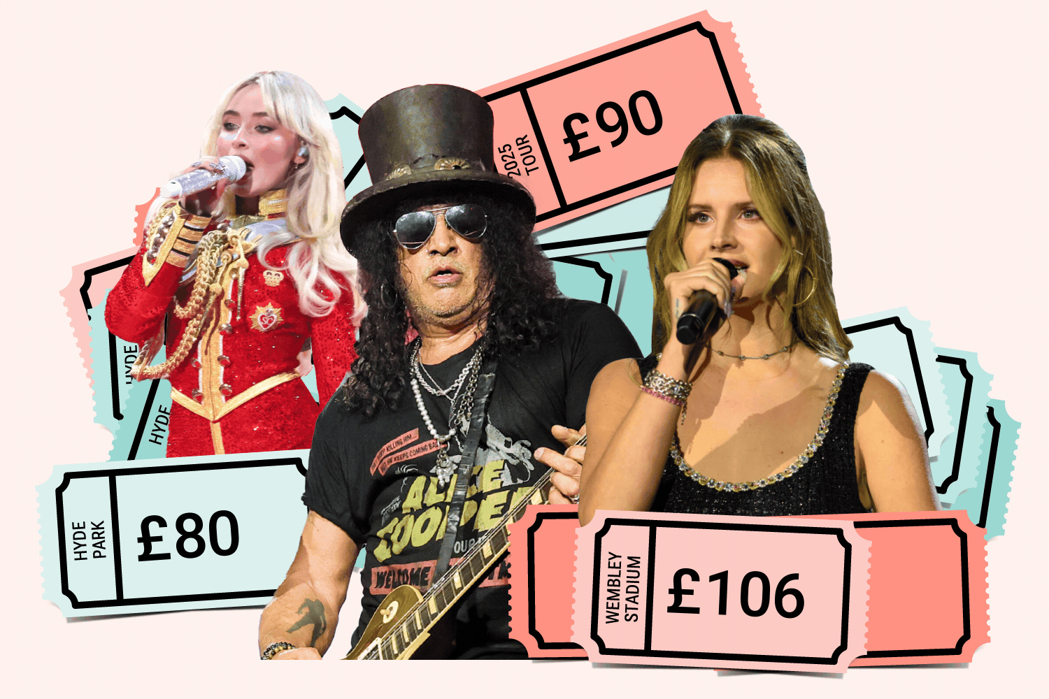 Collage of musicians with concert tickets.
