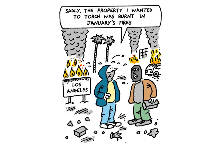 Illustration of two people in Los Angeles, one upset that the property they wanted to burn was already destroyed by fire.