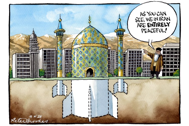 Illustration of a man in Iran claiming peacefulness while hidden missiles are shown underneath the city.